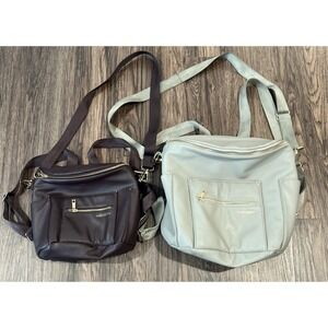 2 Fawn Design Large And Mini Backpack Messenger Diaper Bag Beige Vegan Leather